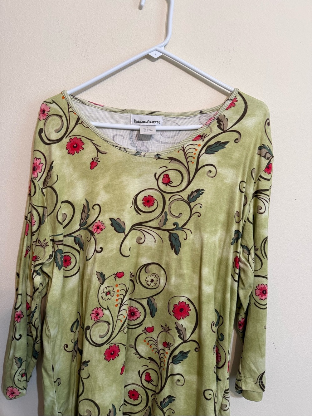 Barbara Graffeo Olive Green Floral Long Sleeve Top L - Picture 4 of 6